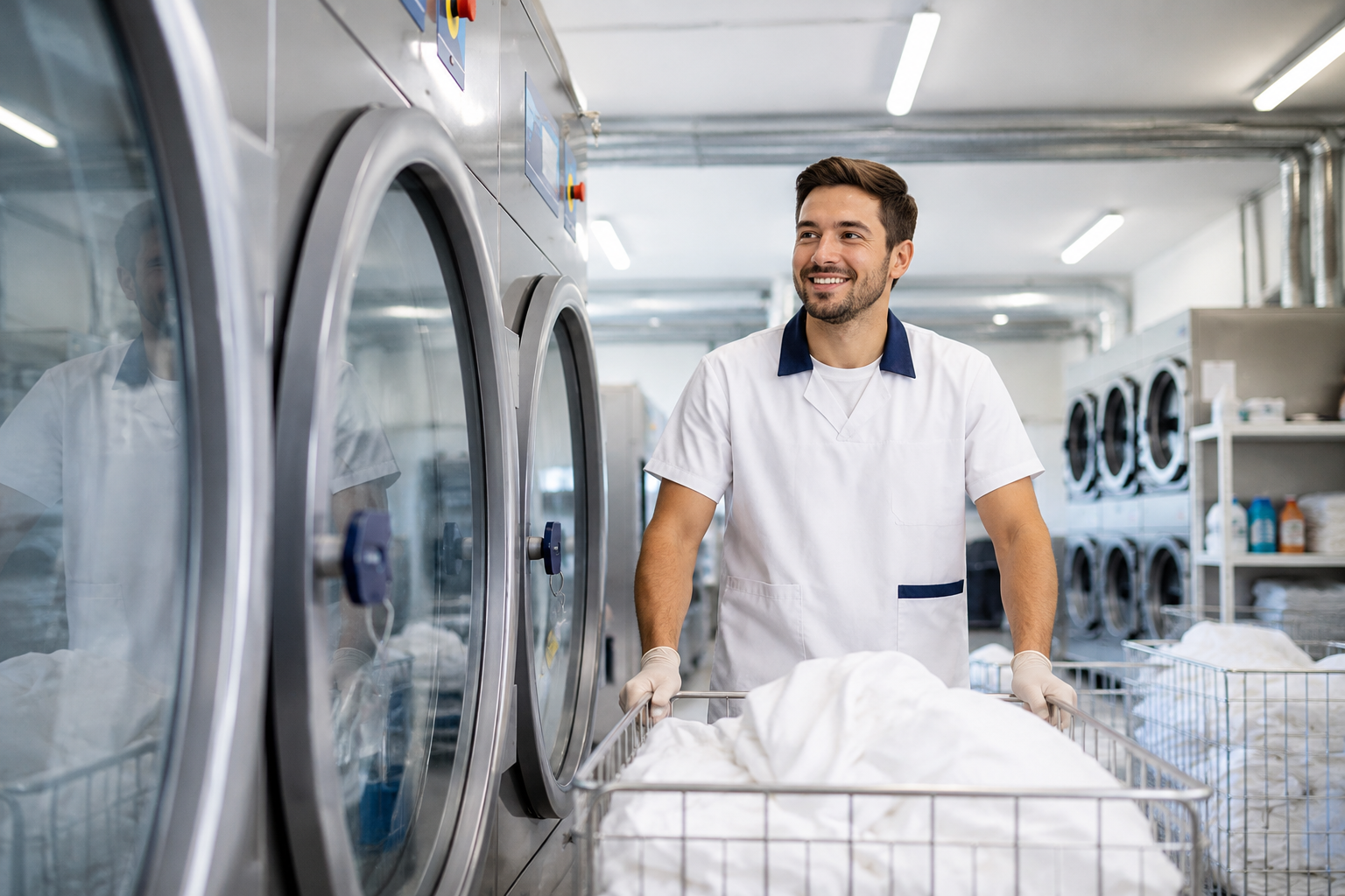 Linge blanc professionnel propre et plié dans une blanchisserie