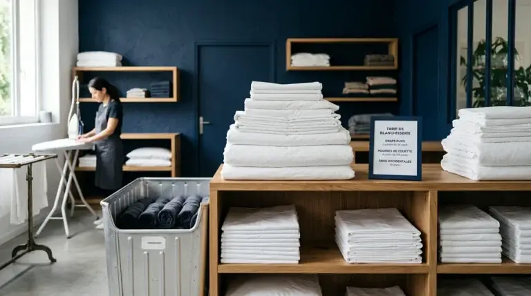 Linge de lit blanc plié dans une blanchisserie professionnelle aux tons bleu marine