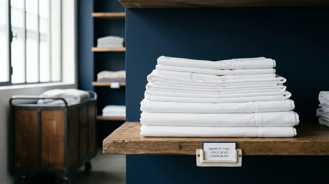 Piles de draps blancs pliés sur une étagère de blanchisserie professionnelle