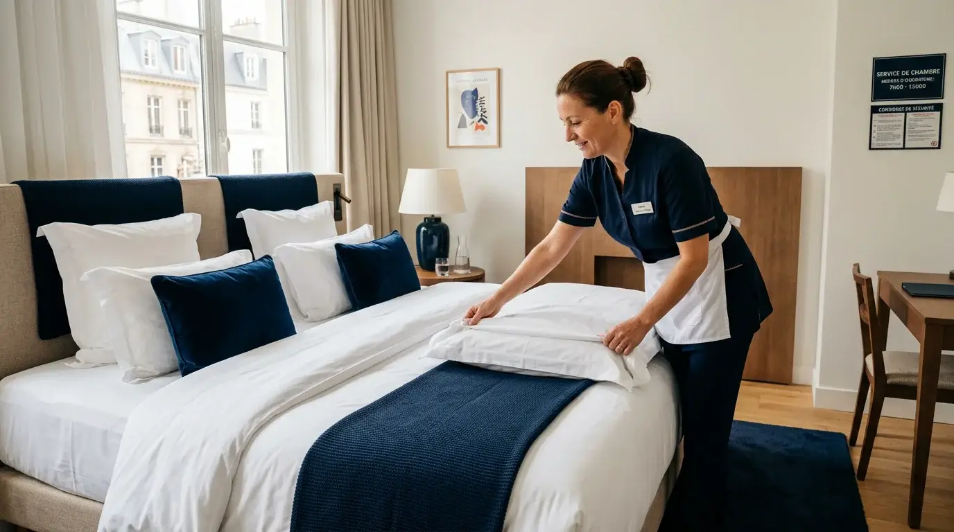 Gouvernante européenne disposant du linge de lit blanc dans une chambre d'hôtel
