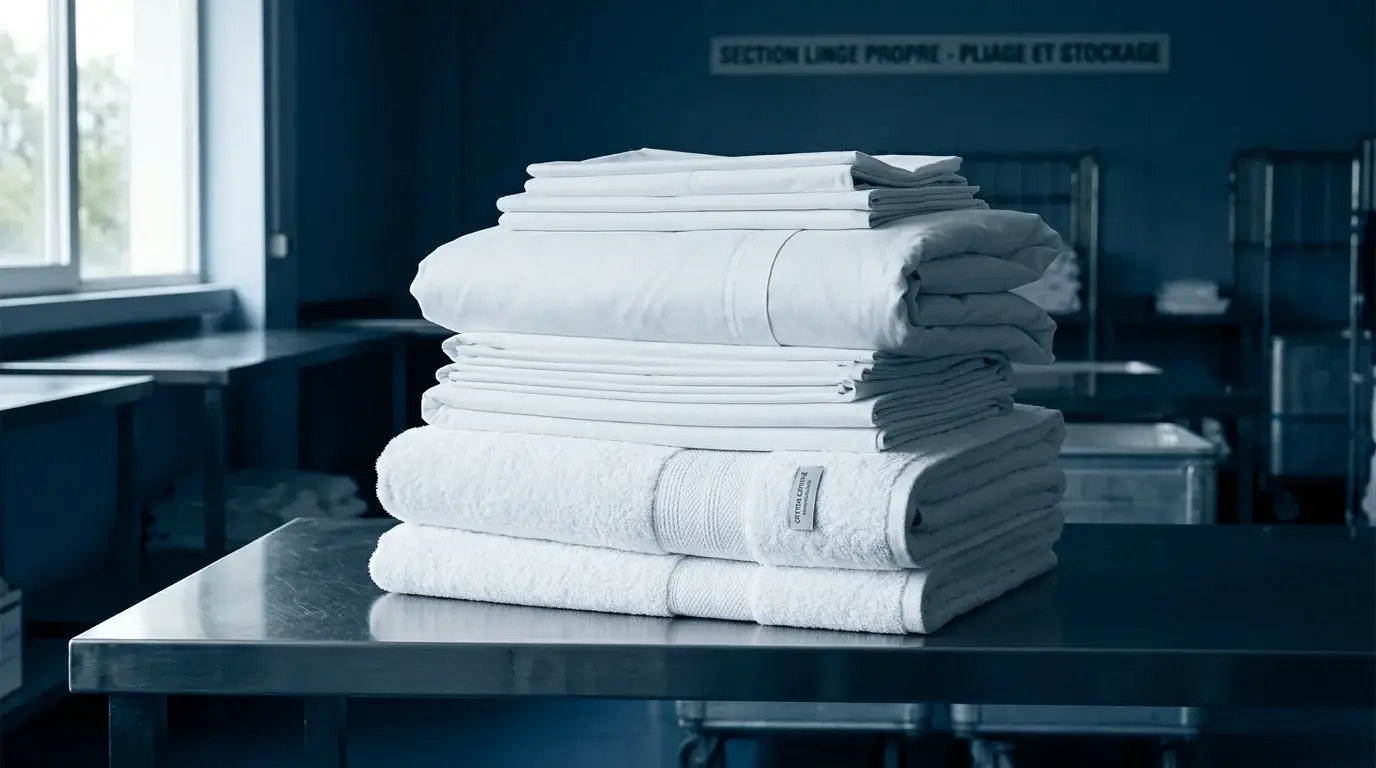 Pile de linge professionnel plié dans un atelier de blanchisserie