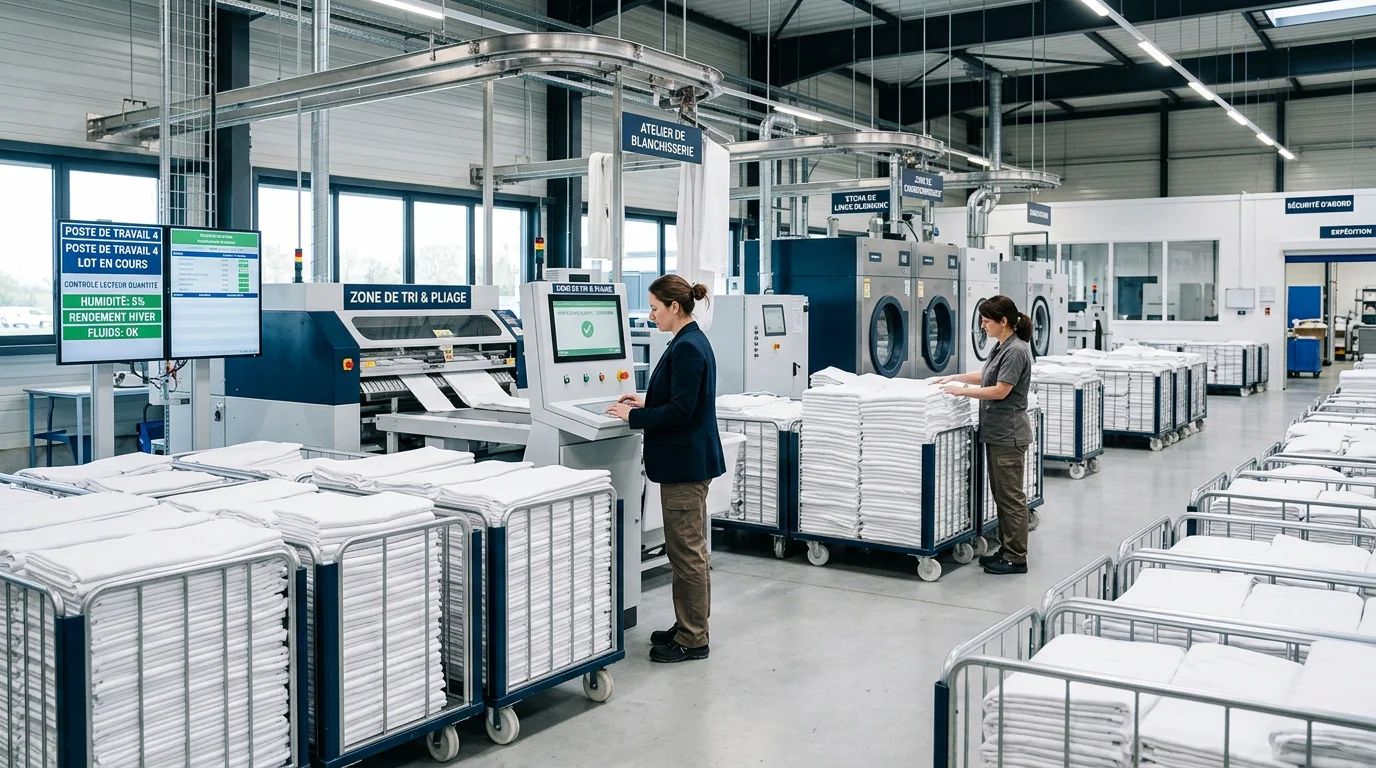 Atelier de blanchisserie professionnelle avec contrôle qualité du linge plat
