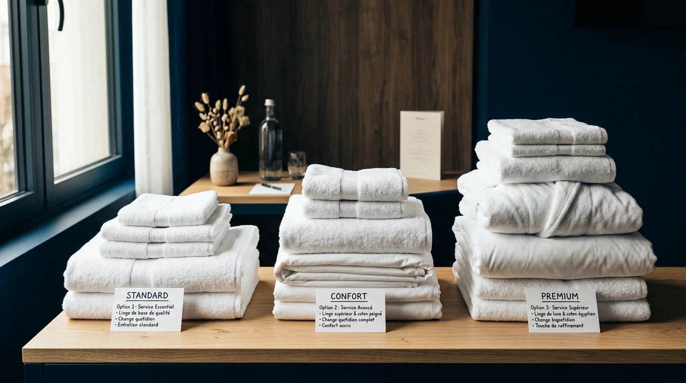 Trois piles de linge hôtelier blanc plié représentant les modèles de gestion du linge