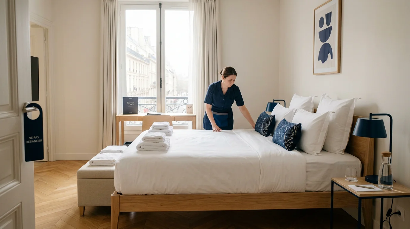 Lit d'hôtel impeccablement préparé avec draps blancs et serviettes pliées