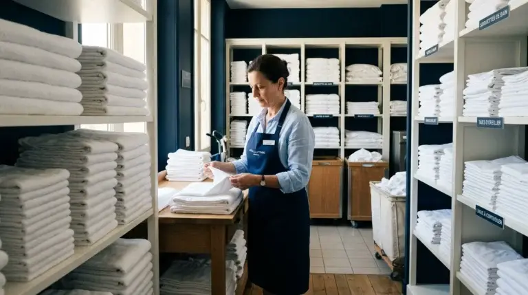 Blanchisserie professionnelle avec linge hôtelier blanc contrôlé avant livraison