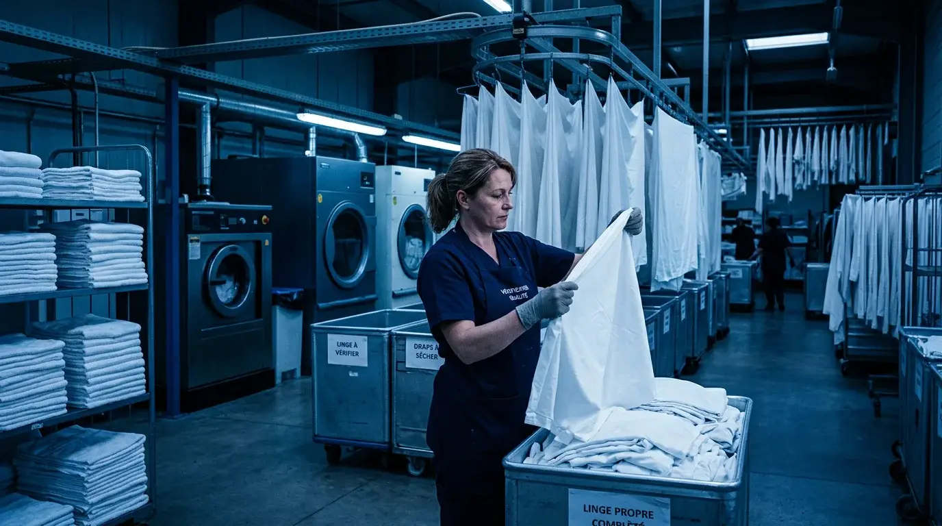 Contrôle qualité du linge avant séchage en blanchisserie professionnelle