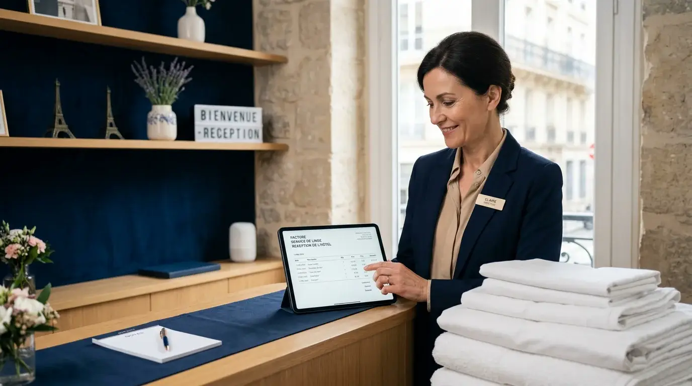 Gestionnaire d'hôtel consultant une facturation de linge sur tablette