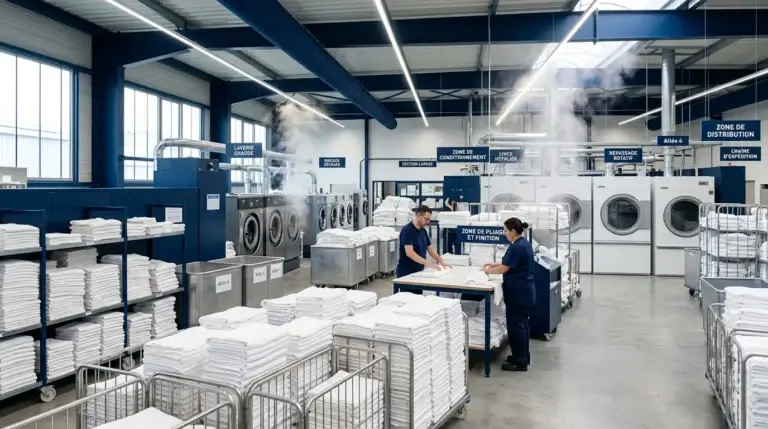 Blanchisserie professionnelle moderne avec linge propre plié