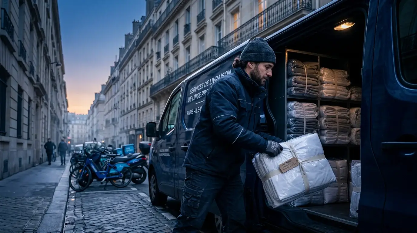 Livreur Atelier du Linge chargeant du linge professionnel propre dans un véhicule de tournée en Île-de-France