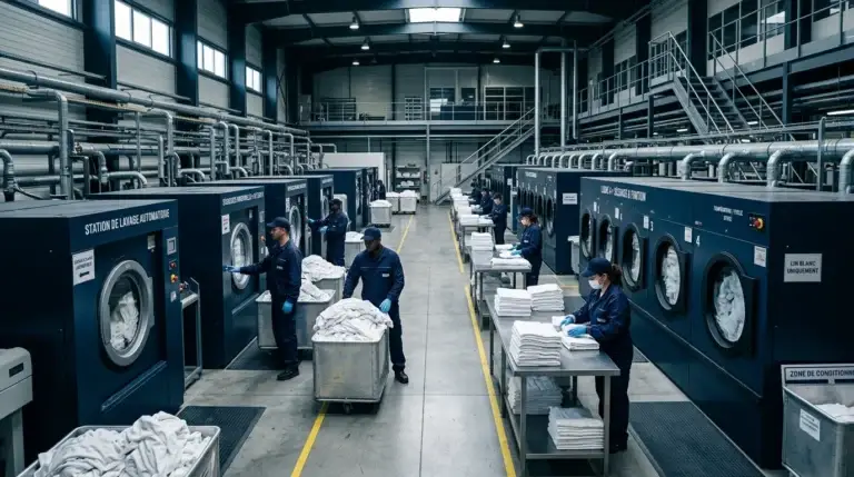Vue d'ensemble d'une blanchisserie industrielle moderne en activité