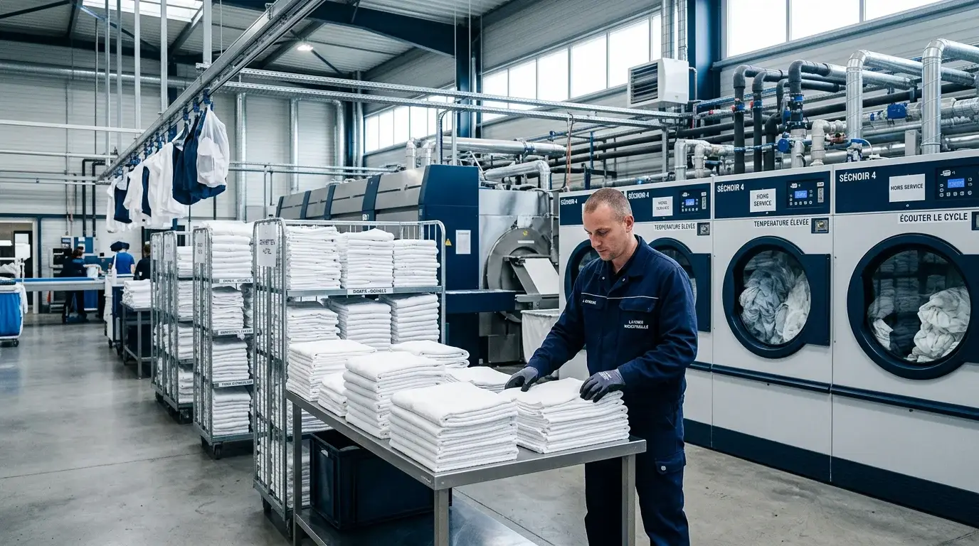 Intérieur d'une blanchisserie industrielle avec machines automatisées et piles de linge plié