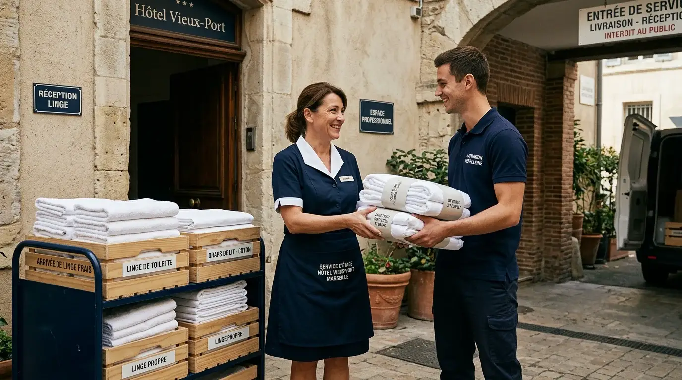 Réception de kits de linge propre livrés prêts à poser dans un hôtel