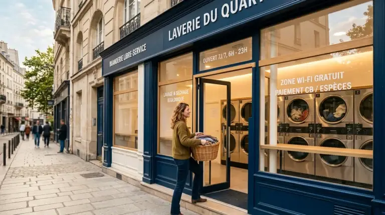 Devanture d'une laverie libre-service en ville avec machines visibles