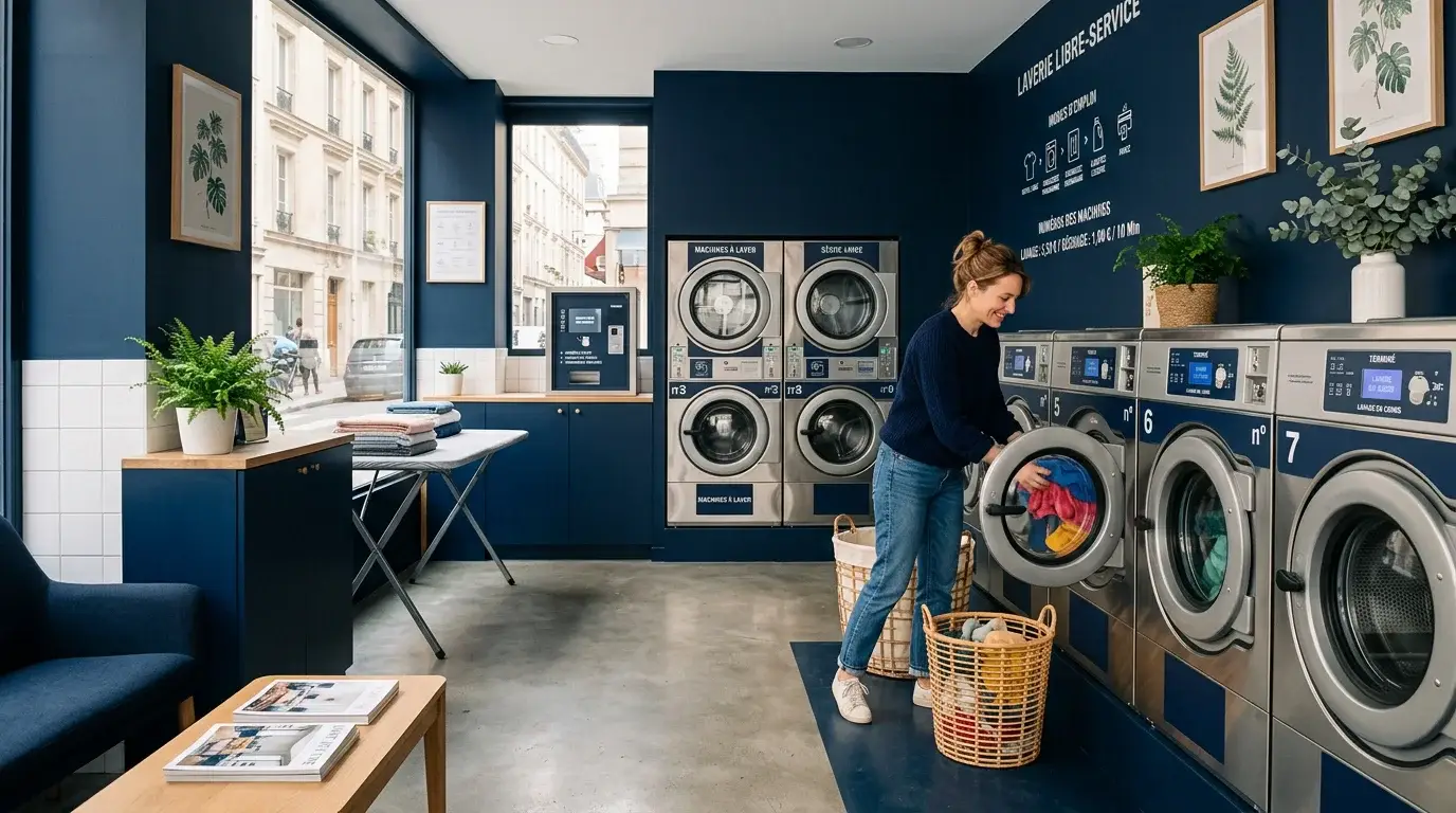 Intérieur d'une laverie libre-service moderne avec machines à laver en libre accès