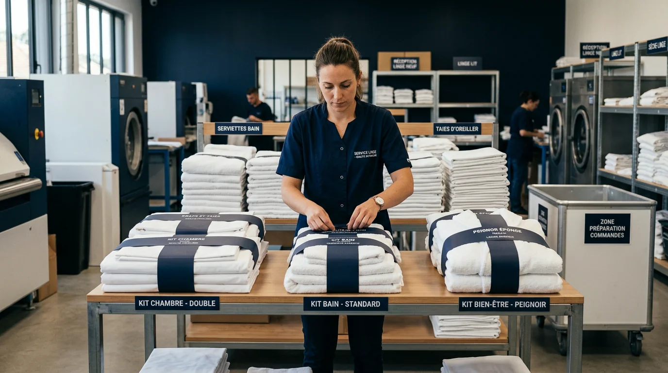 Linge professionnel plié et prêt à livrer en kits étiquetés