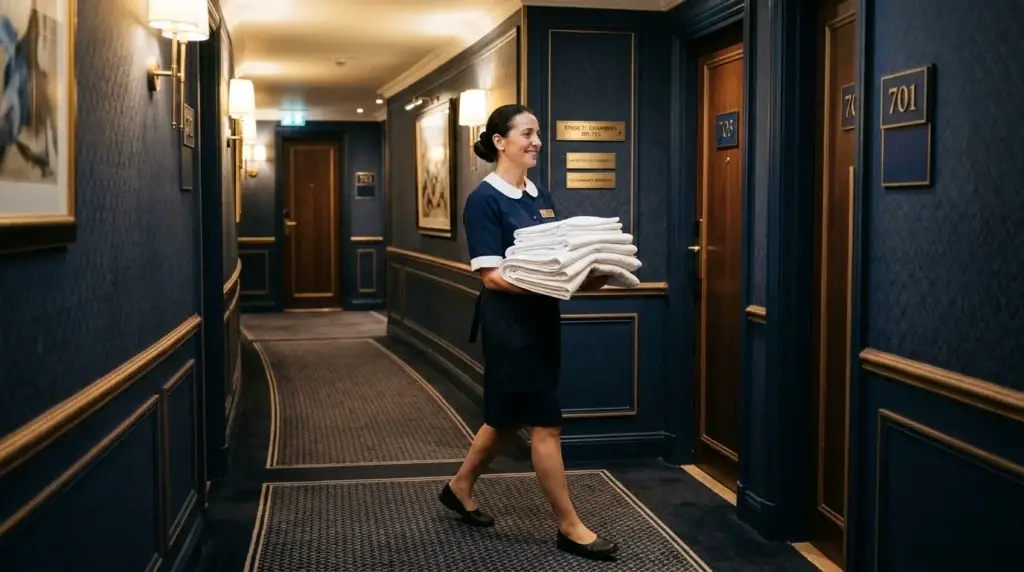 Personnel d'hôtel transportant du linge propre dans un couloir élégant