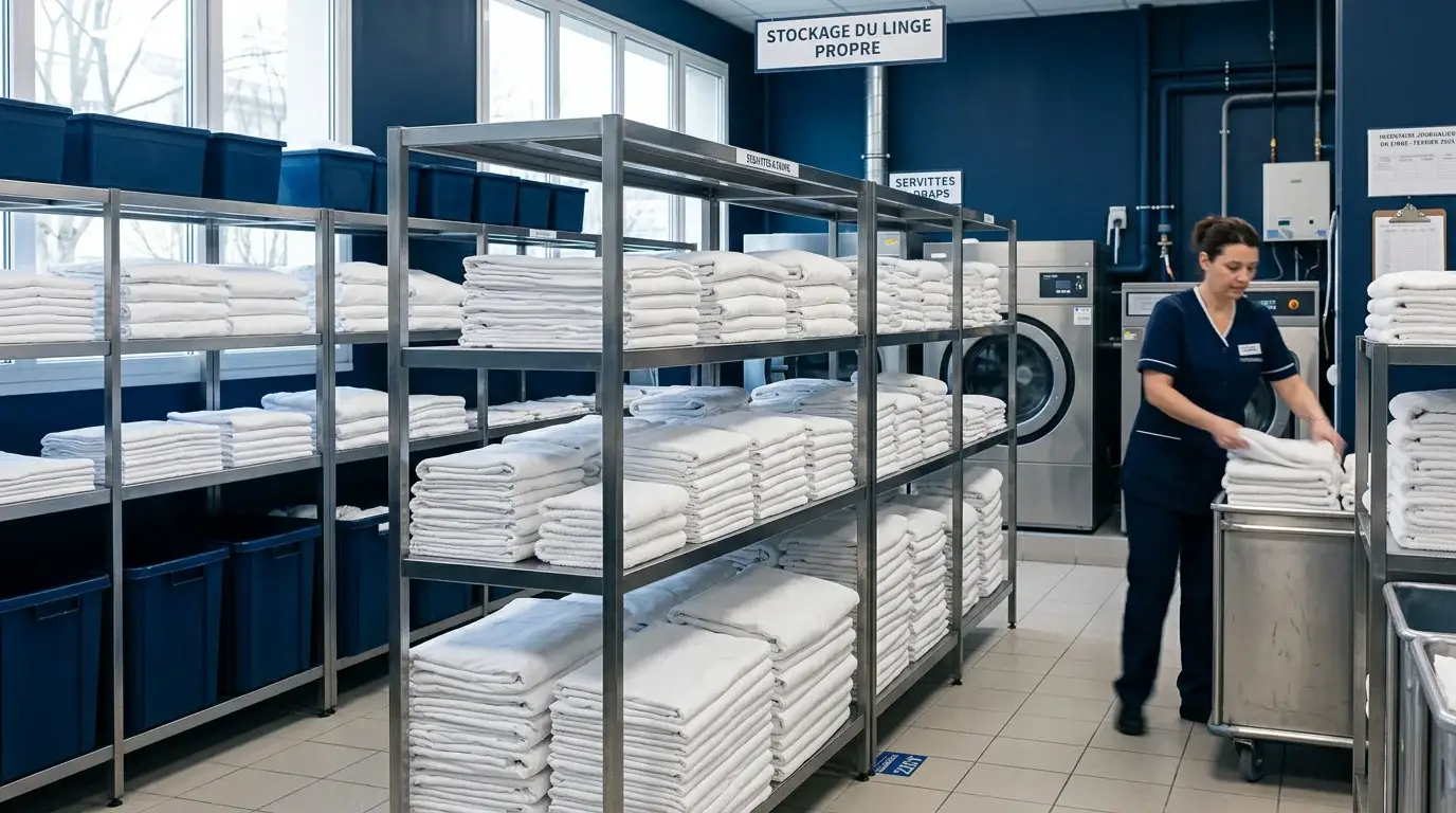 Linge d'hôtel plié dans une blanchisserie professionnelle