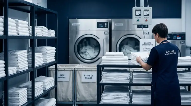 Blanchisserie professionnelle avec linge hôtelier plié et machines industrielles