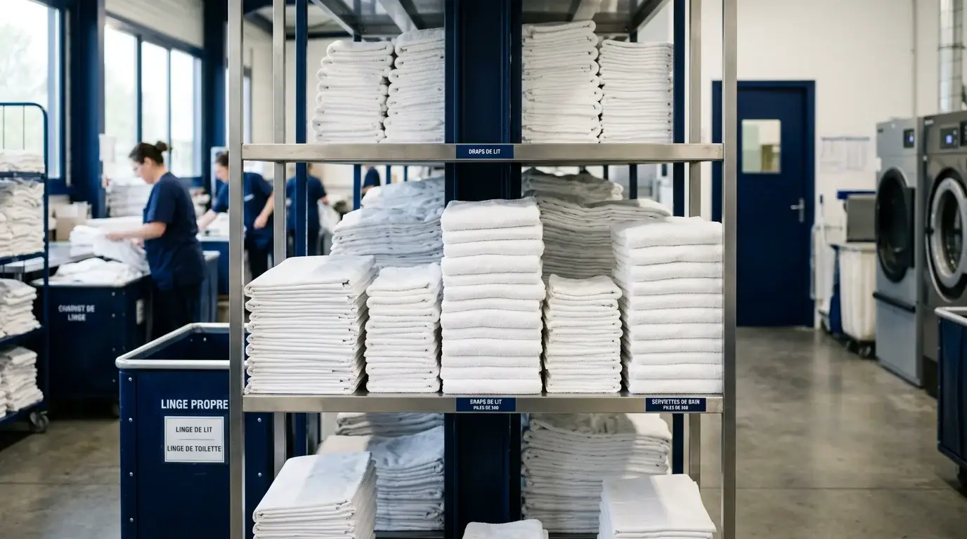 Pile de linge hôtelier plié dans une blanchisserie professionnelle