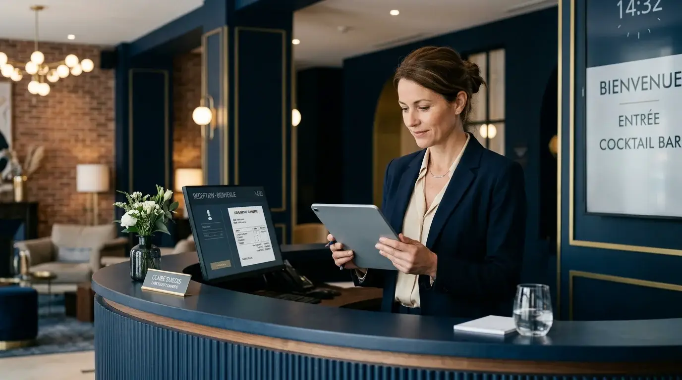 Gestionnaire d'hôtel européen comparant un devis de blanchisserie sur tablette