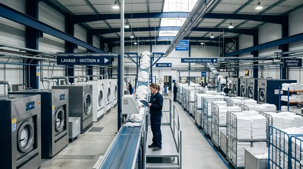 Vue d'ensemble d'une blanchisserie industrielle avec machines de grande capacité et linge plié