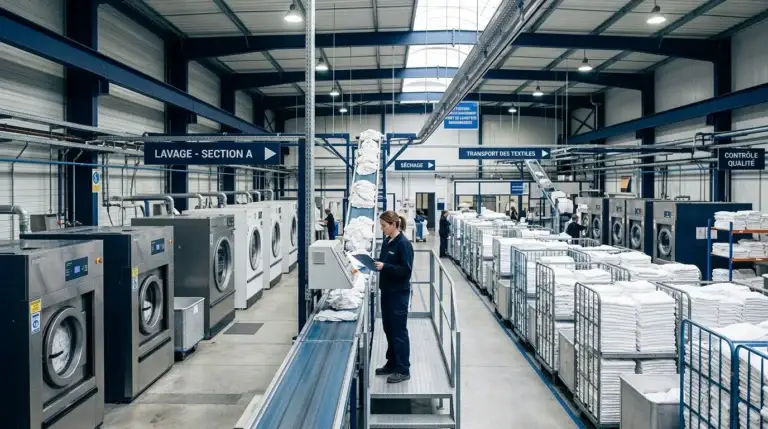 Vue d'ensemble d'une blanchisserie industrielle avec machines de grande capacité et linge plié