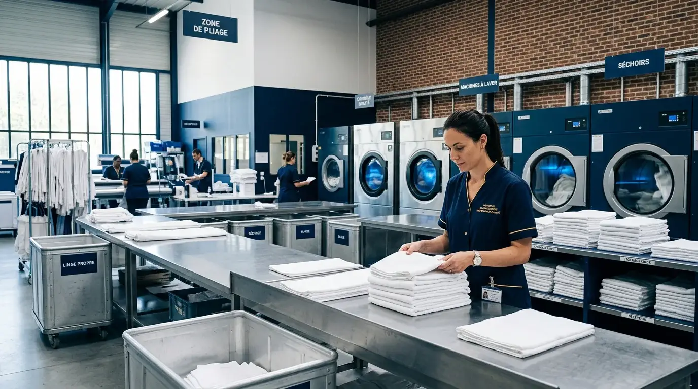 Intérieur d'une blanchisserie industrielle moderne avec machines de grande capacité
