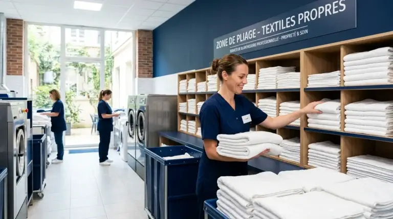 Blanchisserie professionnelle moderne avec linge plié et personnel au travail