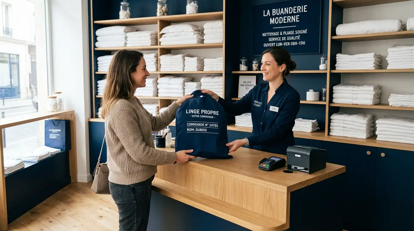 Comptoir d'une blanchisserie de proximité avec linge plié et remise d'un sac étiqueté