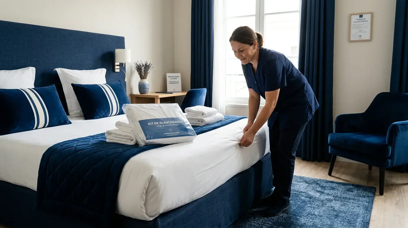 Professionnelle de l'hôtellerie préparant une chambre avec du linge livré prêt à poser