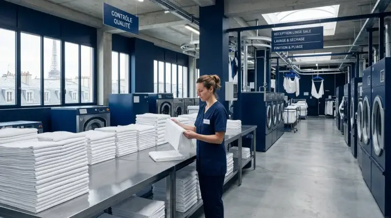 Blanchisserie industrielle moderne à Paris avec linge d'hôtel plié
