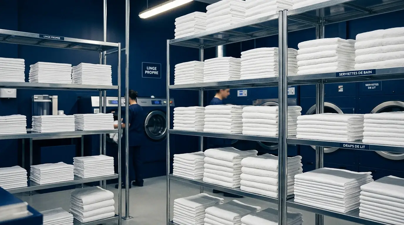 Linge d'hôtel plié et rangé dans une blanchisserie moderne