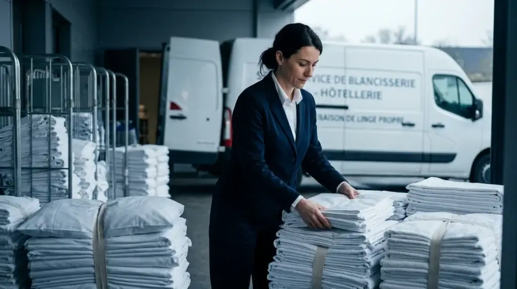 Professionnel manipulant des piles de linge d'hôtel propre prêt pour la livraison