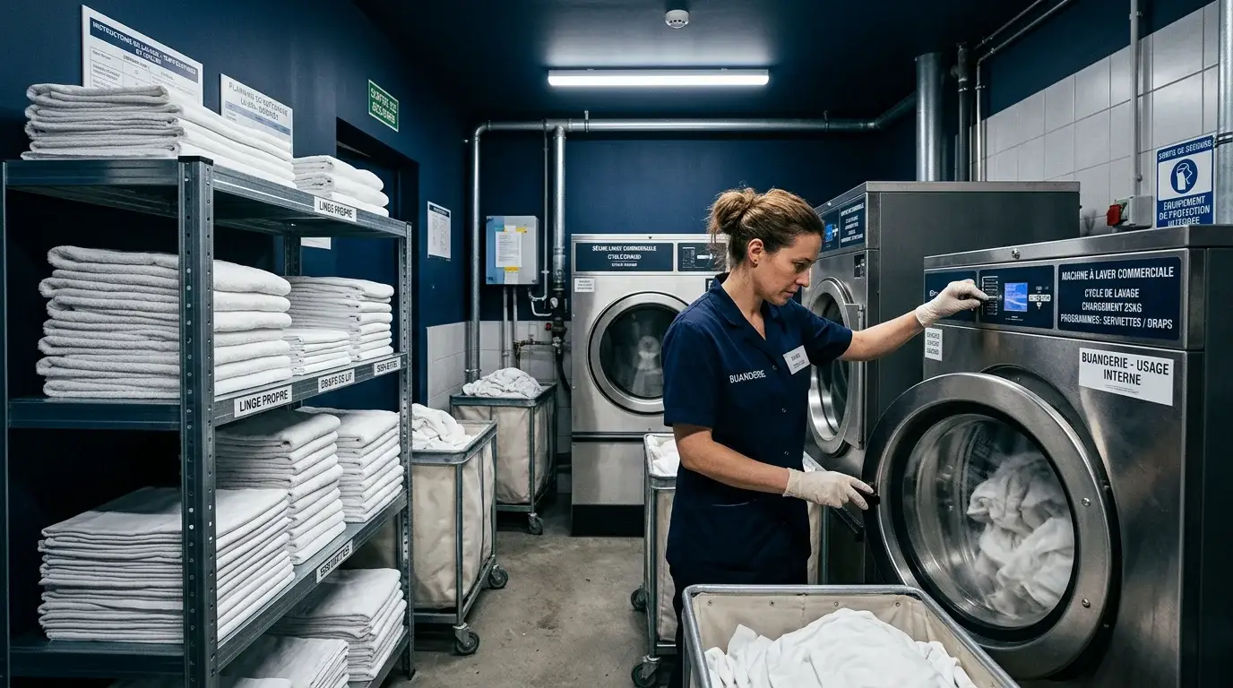 Buanderie interne d'hôtel avec machine professionnelle et piles de linge blanc