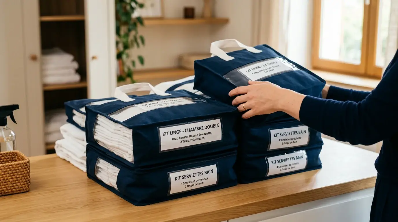 Kits de linge propre pliés et étiquetés prêts à être livrés