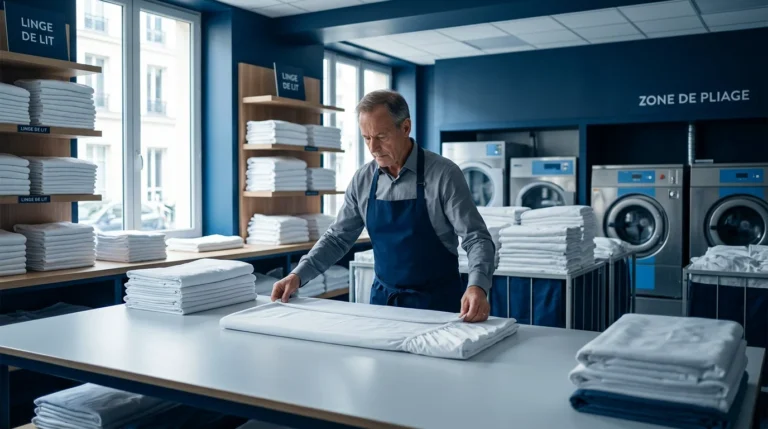 Professionnel pliant du linge de lit propre dans une blanchisserie professionnelle