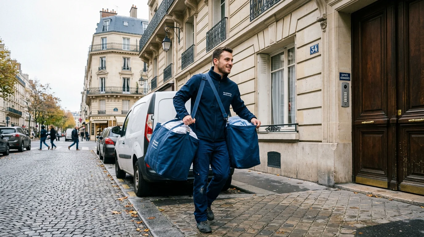 Livraison de linge propre devant un immeuble en Île-de-France pour une rotation rapide