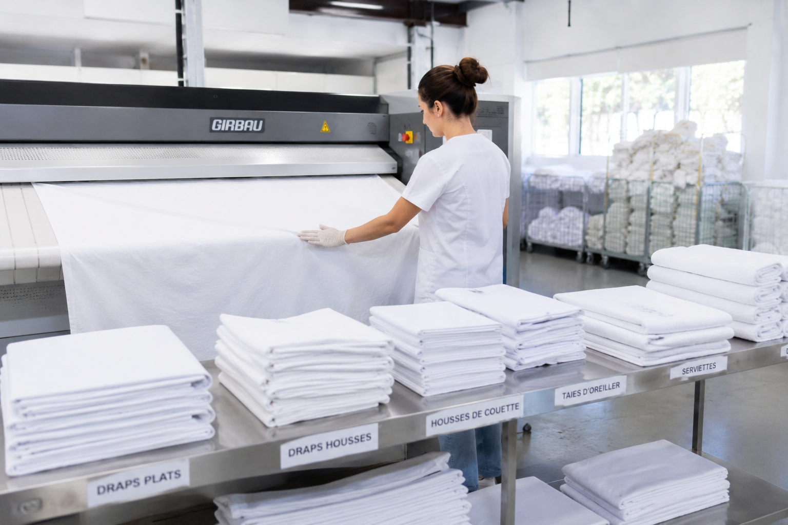 Calandrage du linge de lit hôtelier dans l'atelier de blanchisserie professionnelle à Brie-Comte-Robert