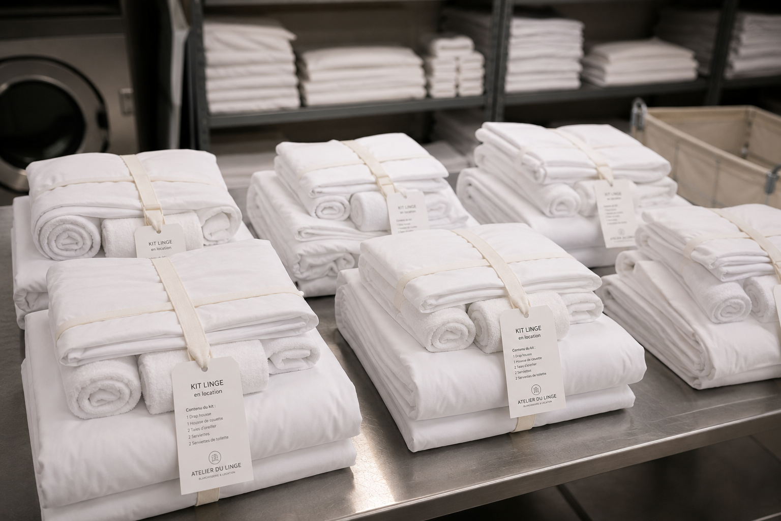 Kits de linge hôtelier en location, pliés et prêts à livrer aux conciergeries d'Île-de-France