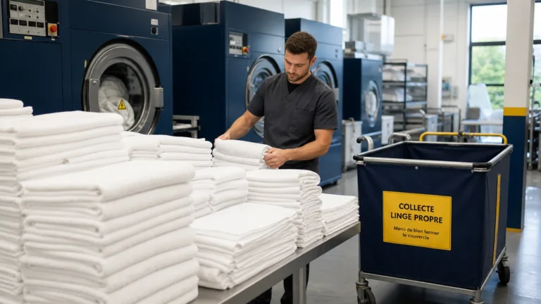 Piles de draps blancs pliés dans un atelier de blanchisserie professionnelle francilien