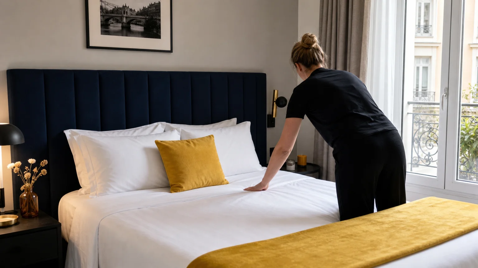 Lit fait avec draps blancs propres dans un meublé de tourisme francilien