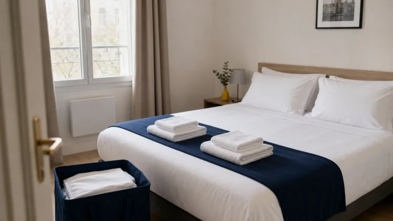 Lit préparé avec du linge professionnel dans un meublé de tourisme en Île-de-France