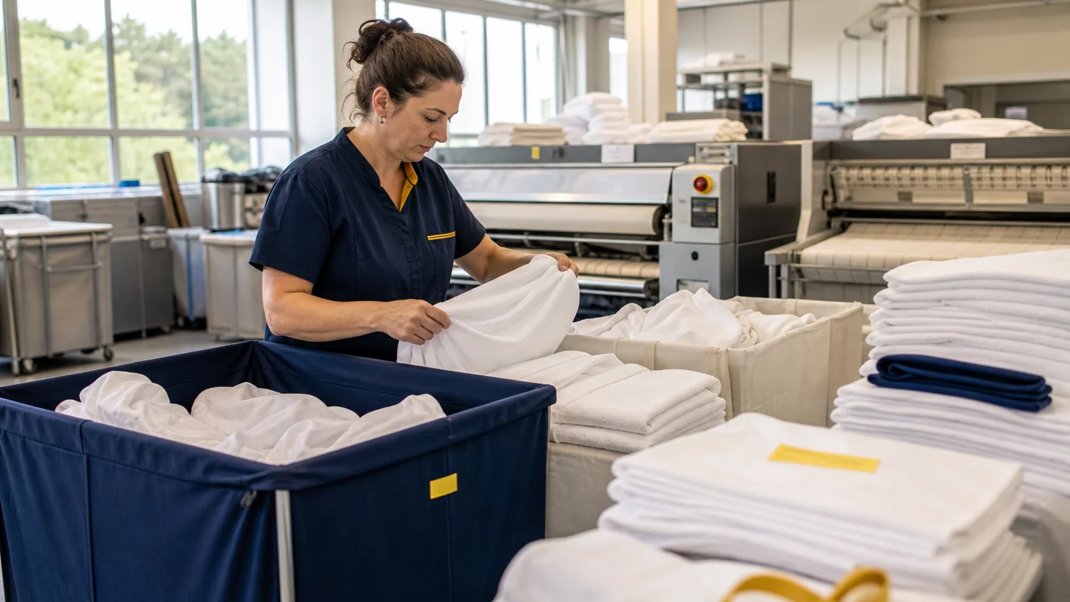 Professionnelle triant du linge Airbnb dans un atelier de blanchisserie en Île-de-France