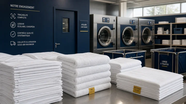 Piles de draps et serviettes blanches dans un atelier de blanchisserie professionnelle en Île-de-France