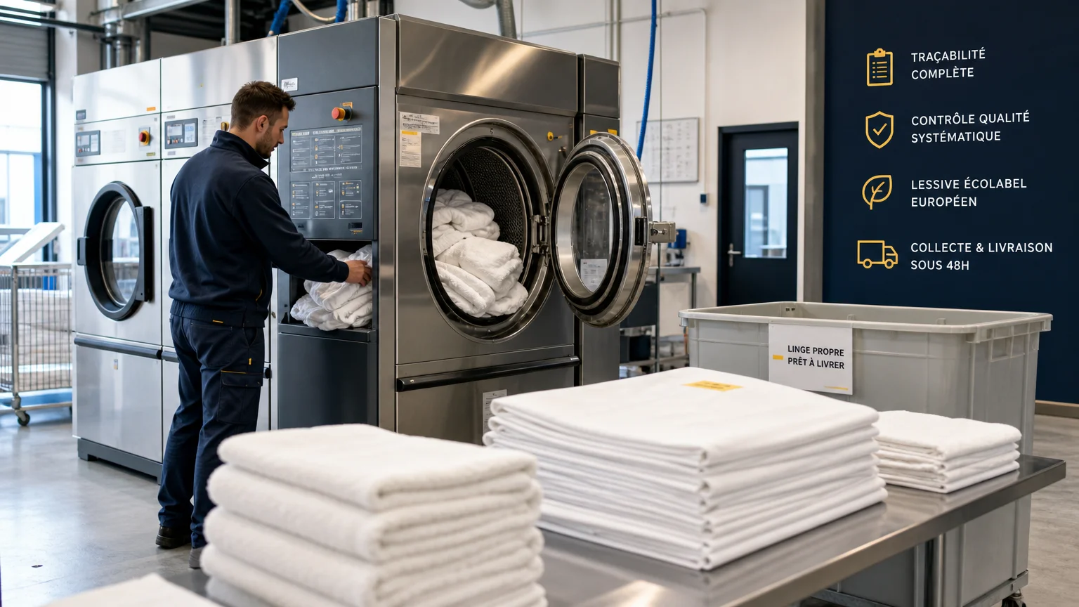 Atelier de blanchisserie professionnelle avec machines industrielles et serviettes blanches en Île-de-France
