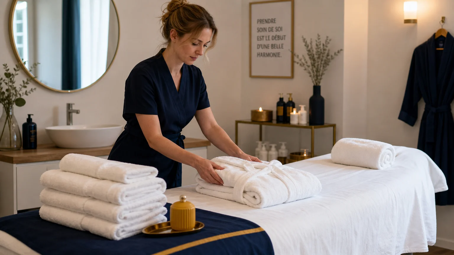 Cabine d'institut de beauté avec linge de soin blanc préparé sur une table de massage