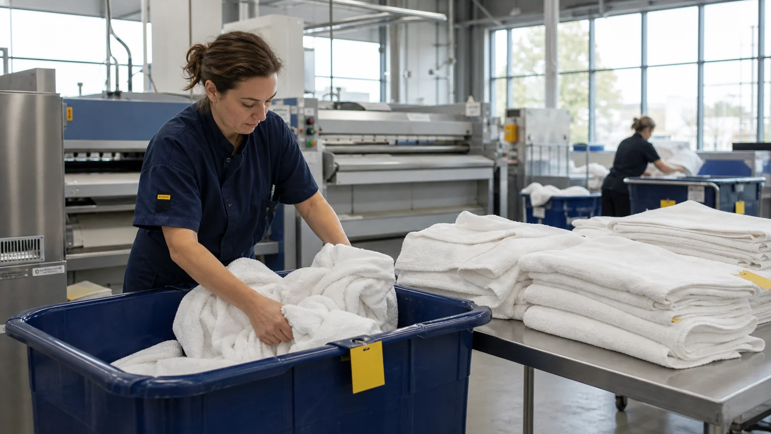Tri de serviettes et de peignoirs dans un atelier professionnel