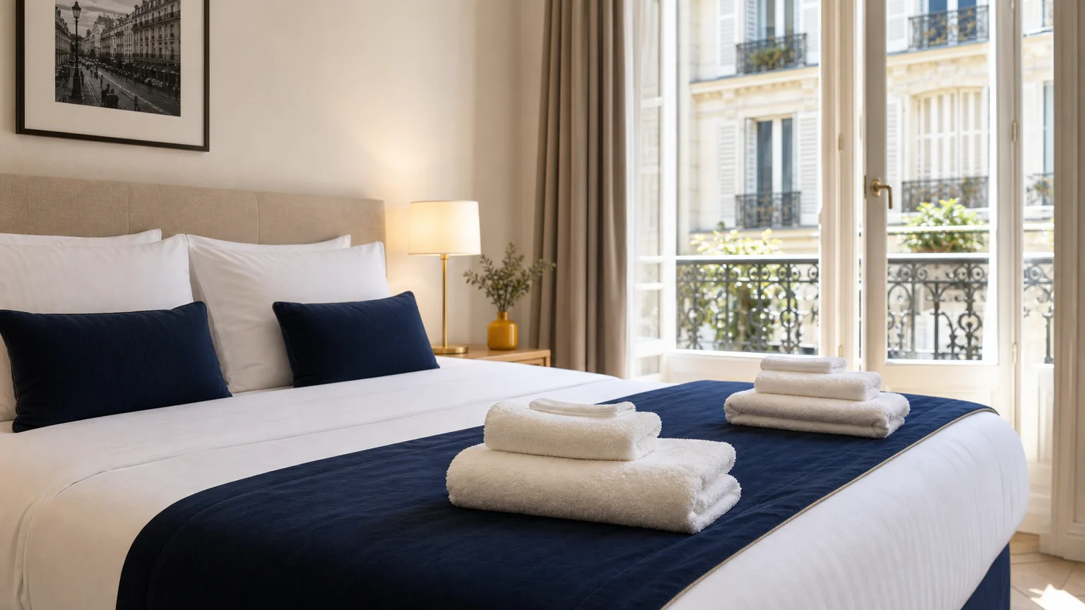 Lit fait avec linge blanc dans un meublé de tourisme parisien lumineux