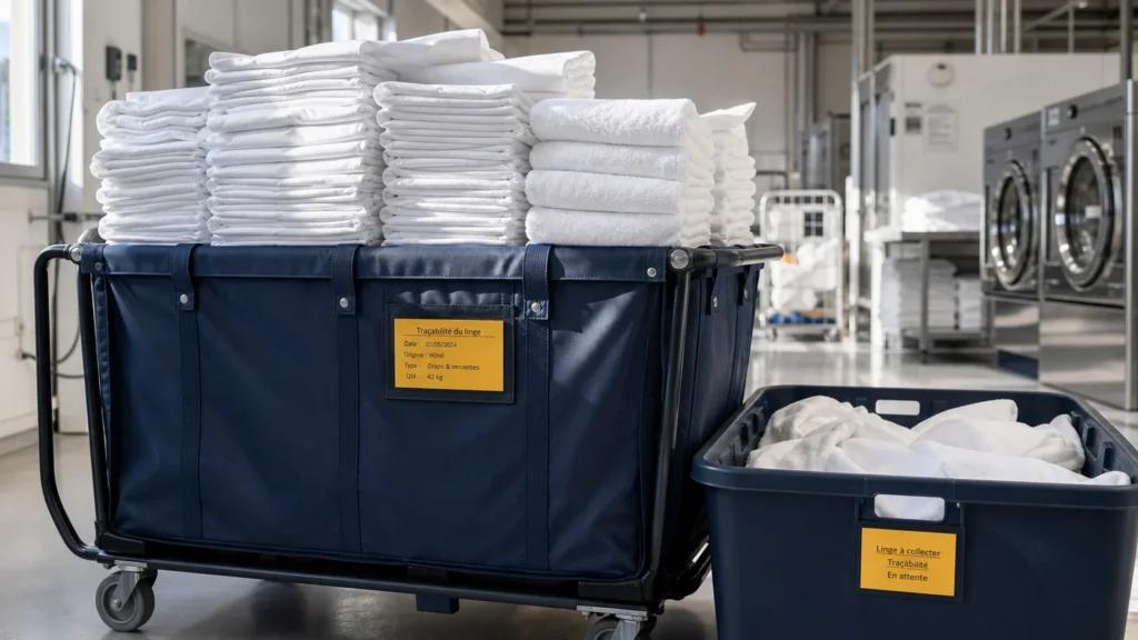 Chariot de collecte avec piles de draps et serviettes blancs en atelier de blanchisserie