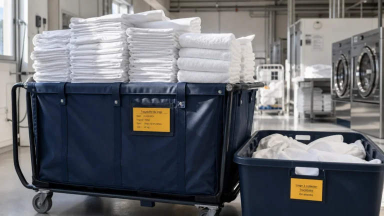 Chariot de collecte avec piles de draps et serviettes blancs en atelier de blanchisserie
